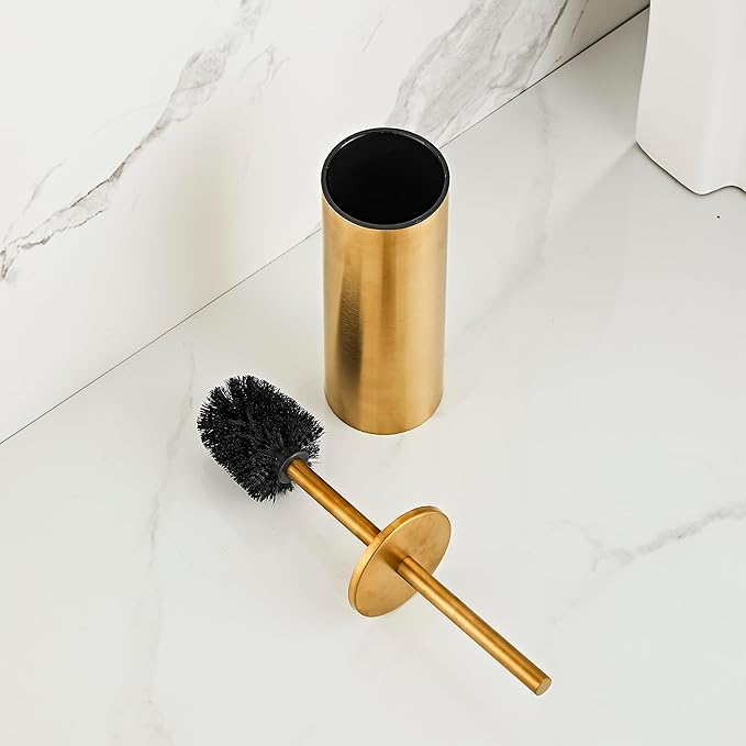 Brushed Gold Toilet Brush and Holder Set - Stainless Steel Toilet Bowl Scrubber with Replaceable Head & Splash Guard