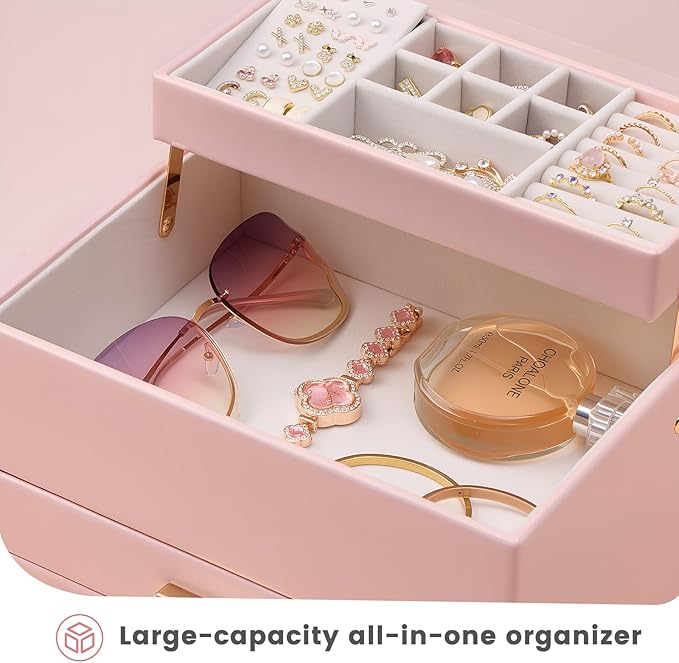 Lolalet Jewelry Box, Clear Window Jewelry Organizer with Drawer for Earrings Bracelets Necklaces Rings, Jewelry Storage for Women -Pink, 4 Layers