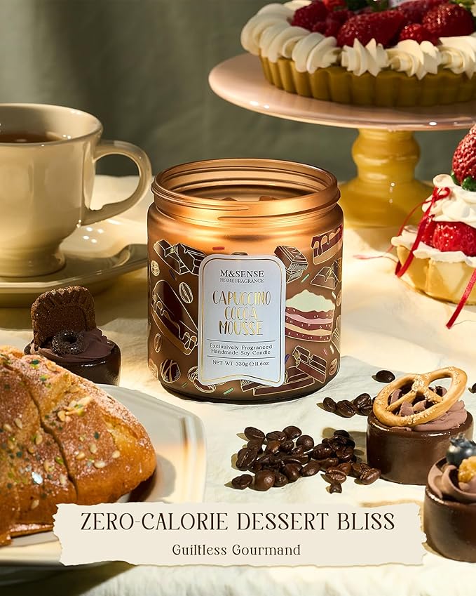 M&SENSE Coffee Candles Cappuccino Cocoa Scented, Soy Based Wax 11.6oz 70 Hours Non Toxic Slow Burn, Double Wick Highly Scented Chocolate Candles for Relaxation, Holiday Gifts for Coffee Lover