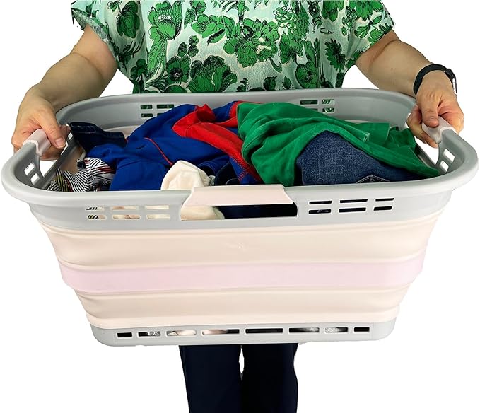 SAMMART 42L (11 Gallon) Collapsible Plastic Storage Basket - Foldable Pop Up Storage Container/Hamper - Portable Laundry Organizer - Space Saving (Grey/Pink, 42L (Style A))