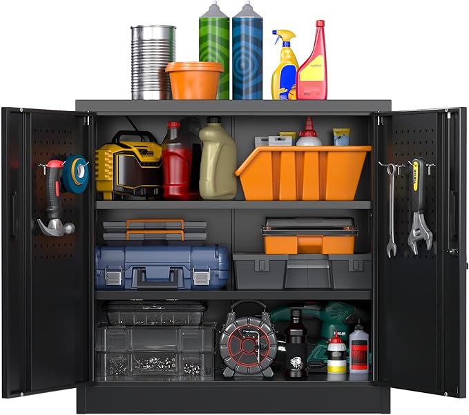 Aobabo 31.5" H Garage Storage Cabinet with 2 Shelves, Metal Cabinet with Lock and 4 Hooks for Home Office Garage, Black, Assembly Required
