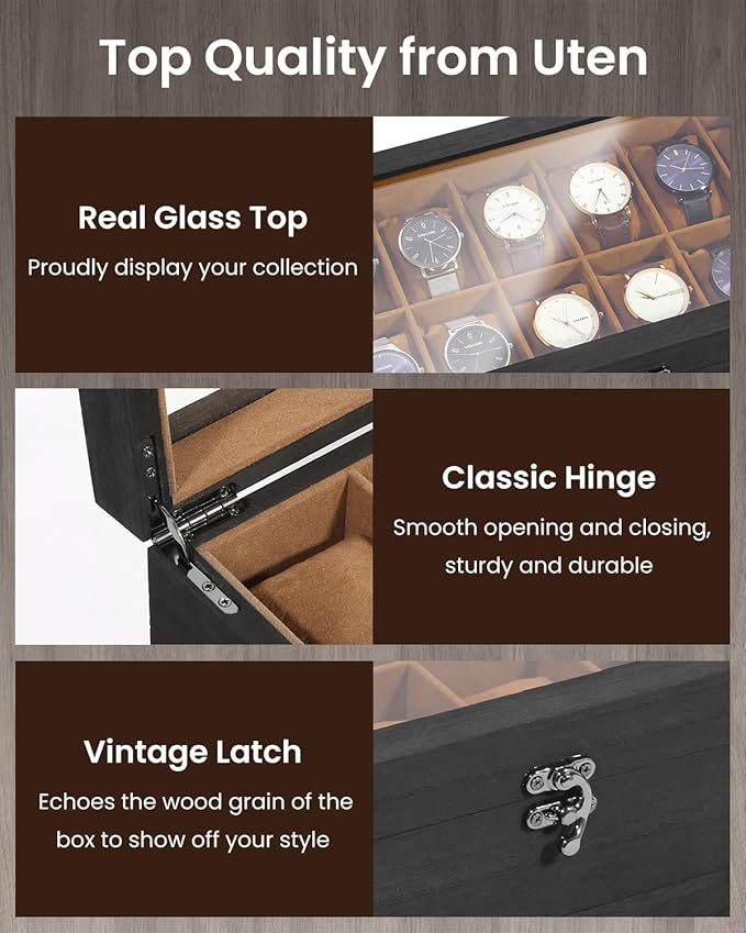 Uten 12-Slot Watch Box, 2-Layers Solid Wood Watch Display Case with Glass Lid, Watch Holder Organizer with Soft Pillow and Velvet Lining, Watch and Jewelry Storage Box