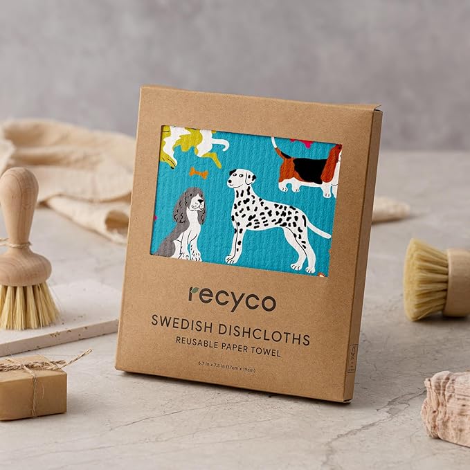 RECYCO Swedish Dishcloths for Kitchen | 6 Pack Doggy Daydreams Washable Dish Rags | Cellulose Reusable Cleaning Paper Towels | Absorbent Counter Dish Cloth Sponge Kitchen Wipes, 8" L x 7" W