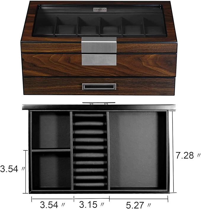 Lifomenz Co Wooden Watch Box for Men Watch Jewelry Box organizer with Valet Drawer,12 Slot Watch Display Case Holder Large Watch,Men Accessories Organizer with Real Glass Window Top