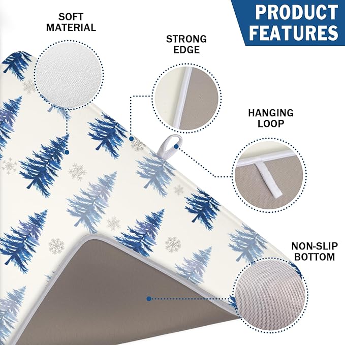 ABSOP Winter Dish Drying Mat 18 x 24 Inch Blue Tree Dish Drying Pad Absorbent Microfiber Mats for Snowflake Dish Rack Pad for Holiday Kitchen Counter Coffee Bar Decor