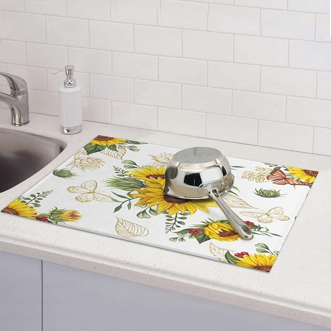 Sunflowers Dish Drying Mat Microfiber Kitchen Drying Mat Large Butterfly Dish Drying Mats for Kitchen Counter Absorbent Quick Drying Pad 18x24 Inch
