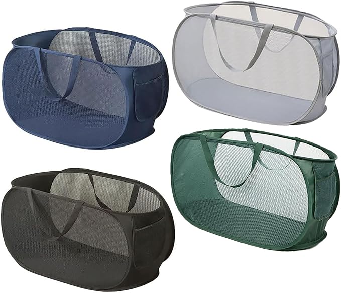 Rubruan 4 Piece Popup Mesh Laundry Basket Durable Handles Collapsible Laundry Baskets Folding Clothes Pastic Hamper for Laundry Room College Dorm (Gray/Black/Navy blue/Green)