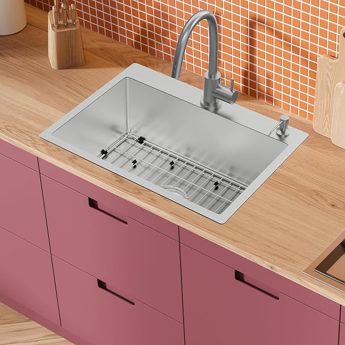 Kitchen Sink,25x18 Inch Stainless Steel Drop In Topmount Kitchen And Bar Sink Stylish and Modern Look Come With Bottom Grid,Drain Basket And Drain Assembly Add Elegance & Enhance Usability.
