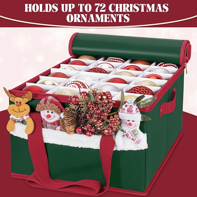 Christmas Ornament Storage Box Holiday Ornaments Storage Container Bin Zippered Top Ball Storage with Adjustable Dividers Holds 72 Ornaments (3 Inch) Green