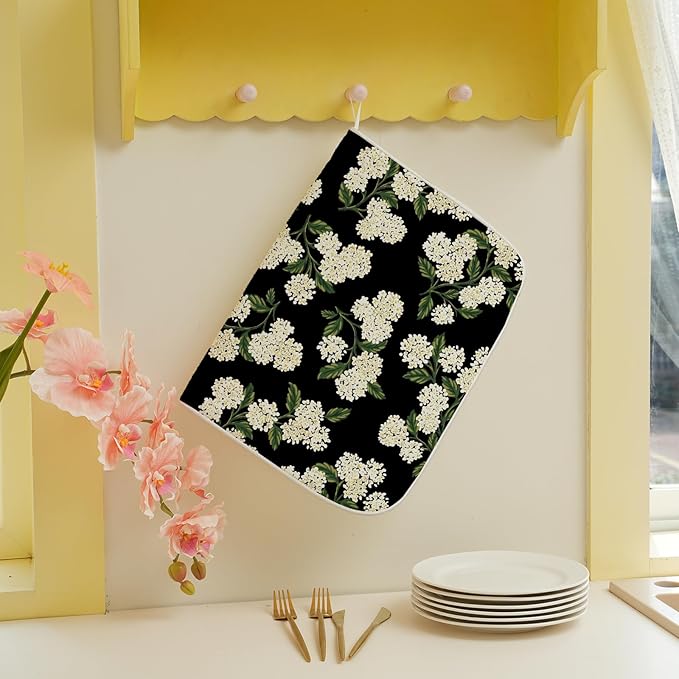 Black Dish Drying Mat 18x24 Inch Green Vintage Floral Hydrangea Flower Drying Mat Spring Summer Seasonal Absorbent Dish Drying Pad Dish Rack Drainer Mats for Kitchen Dining Counter