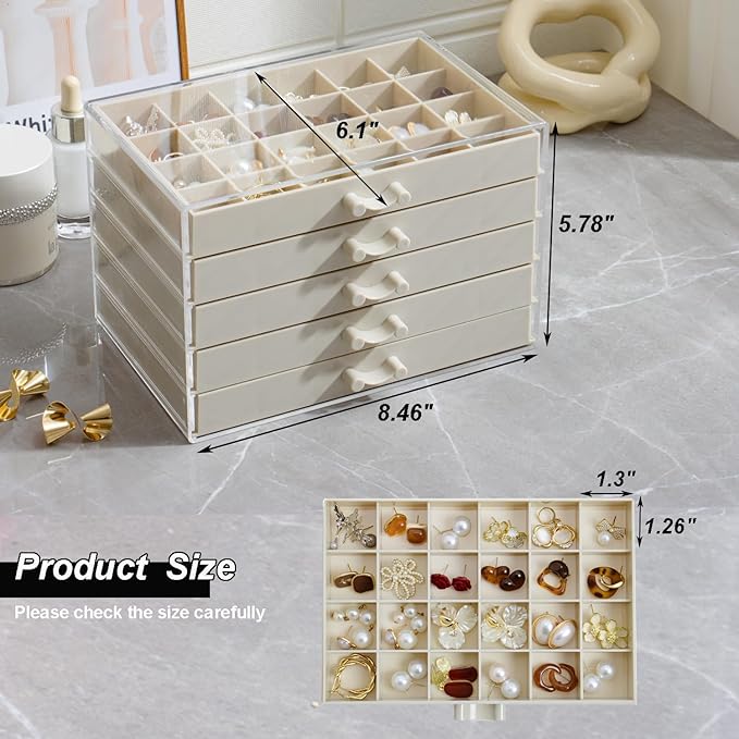 Earring Storage Box Organizer, Acrylic Jewelry Storage Box Holder 5 Drawers Transparent Jewelry Display Stand with 120 Small Compartments Gift Boxes for Women Girls (Beige)