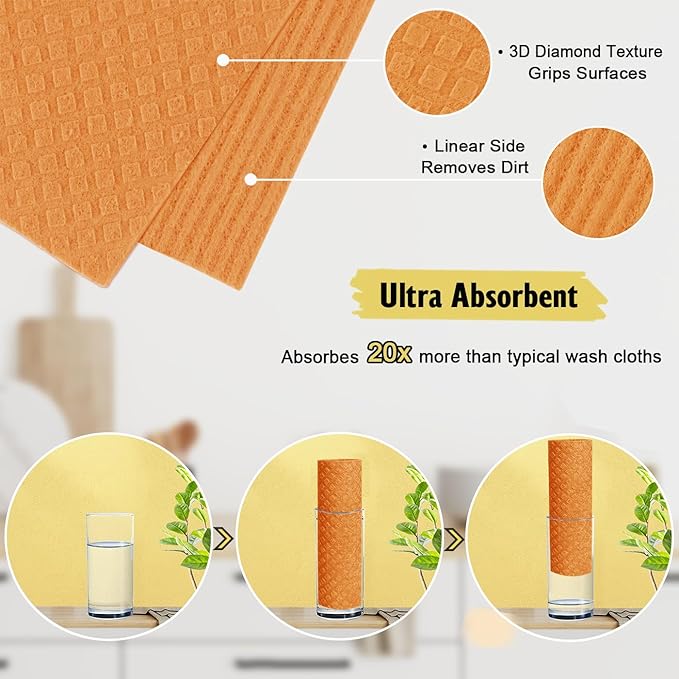 MoLKENE Swedish Dishcloths for Kitchen | 6 Pack Dish Towels Cellulose Sponge Cloths | Non-Scratch Reusable Paper Towels Washable | No Odor Fast Drying Swedish Cloths, Multicolor