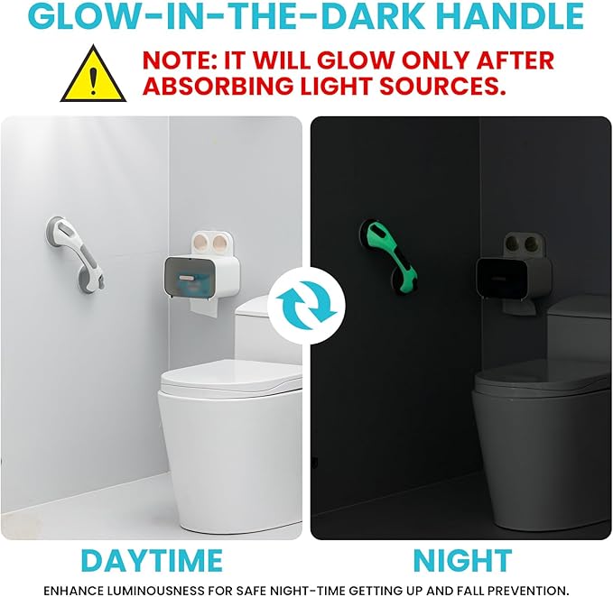 TAILI Shower Grab Bar Glow in The Dark, 2 Pack 12.2 in Grab Bars for Bathtubs and Showers,Shower Handles Shower Rails for Seniors and Elderly,Bathroom Safety Grip Removable No Drilling Waterproof Grey