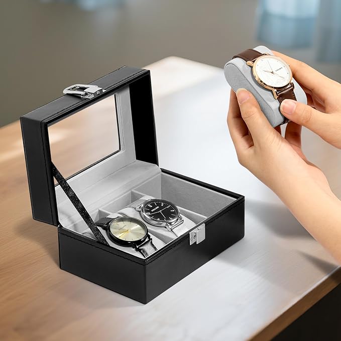 Uten 3-Slot Watch Box, PU Leather Watch Case with Glass Lid, Watch Holder Organizer with Soft Pillow and Velvet Lining, Watch and Jewelry Storage Box