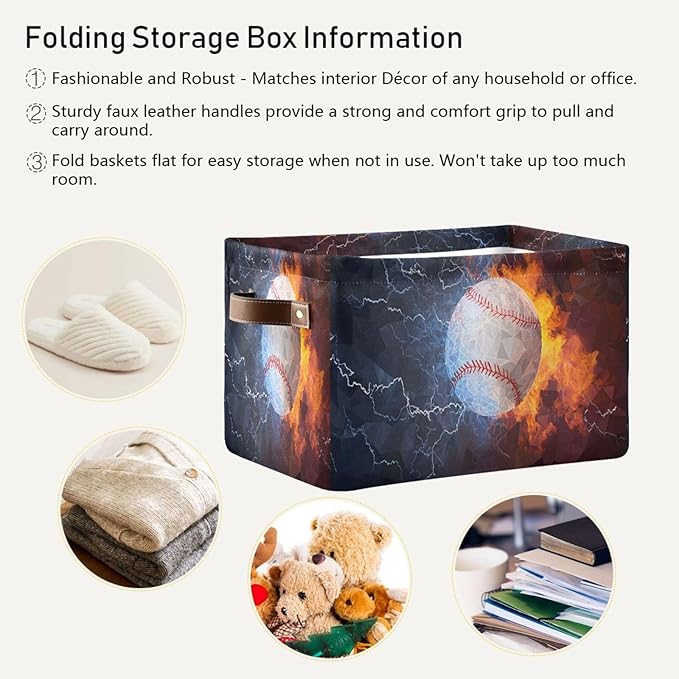 ALAZA Funny Baseball Ball Fire Water Foldable Storage Box Storage Basket Organizer Bins with Handles for Shelf Closet Living Room Bedroom Home Office 2 Pack