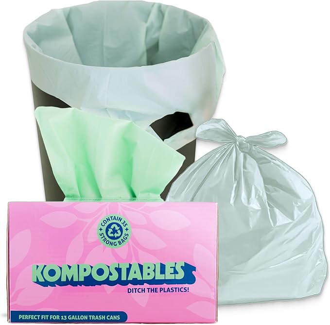 KOMPOSTABLES BPI 100% Home Compostable Kitchen Trash Bags, 13 Gallon 1.5 Mil Heavy Duty Unscented Plant Based Bags w/Handles, Tall Biodegradable Garbage, Compost & Food Scrap Waste Can Liners, 35 Ct