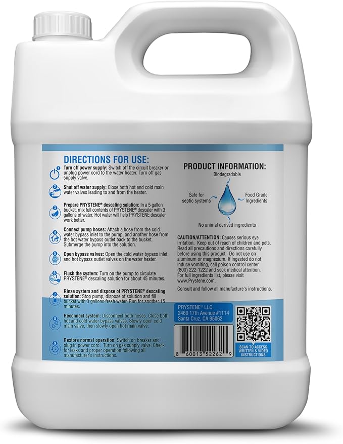 Prystene Tankless Water Heater Descaler Solution (32 Fluid Ounces) - Professional-Grade Descaler/Cleaner Restores Heating Efficiency. Easy to Use, Food Grade Ingredients, Biodegradable, Made in USA.