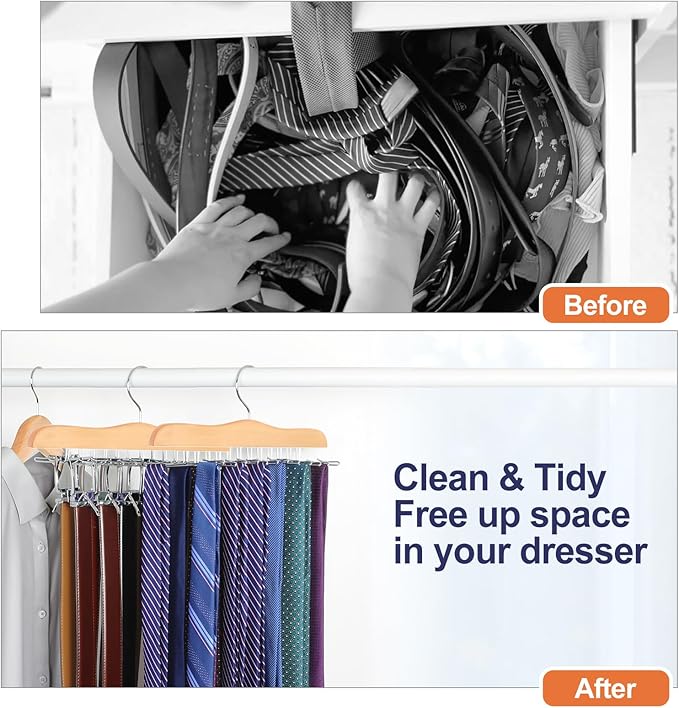 TOPIA HANGER Tie Rack Hanger for Closet, Wooden Tie Organizer for Men with 24 Folding Hooks, Space Saving Necktie Holder for Storage and Display Bra, Tank Top, Camisole (2-Pack), Natural- CT14N-2