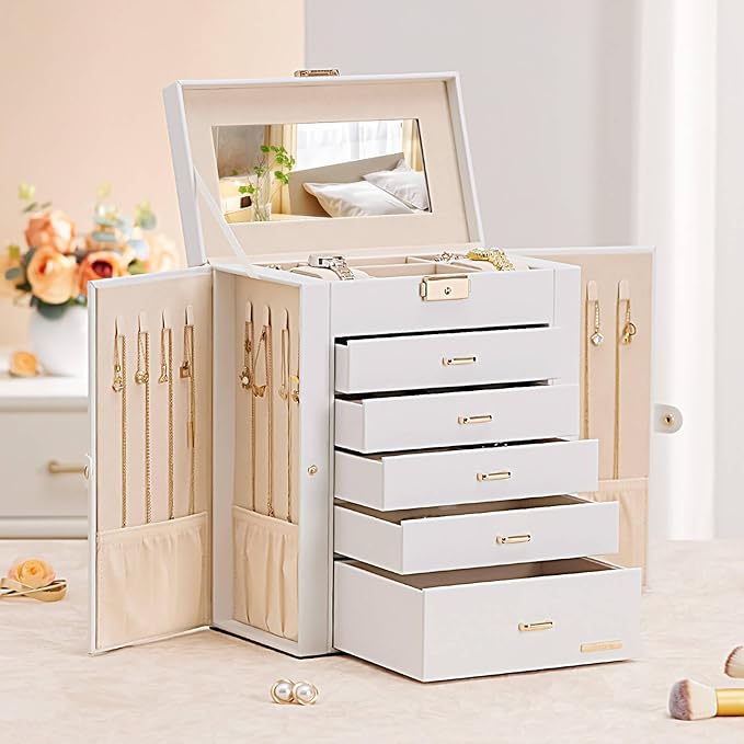 Homde Jewelry Box Large for Women: 6 Layers 5 Drawers Organizer with Mirror for Ring Earring Necklace - Storage Holder with Lock for Dresser (White) - Christmas Gifts