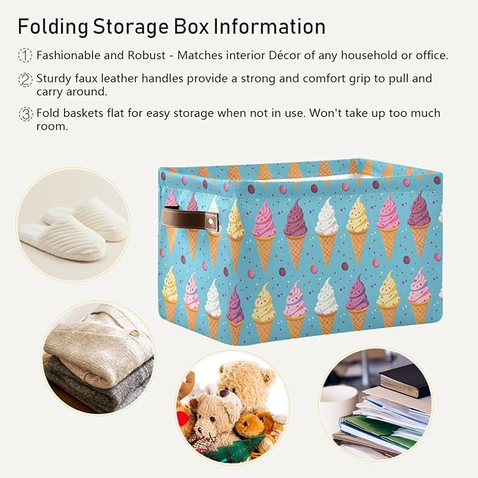 ALAZA Ice Cream Summer Blue Foldable Storage Box Storage Basket Organizer Bins with Handles for Shelf Closet Living Room Bedroom Home Office 2 Pack