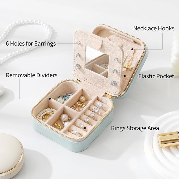 Genuine Leather Travel Jewelry Case Organizer with Mirror for Women, Small Jewelry Box Portable Mini Jewelry Case for Earring, Ring, Necklace, Bracelet（Lychee Grain Mint Green）