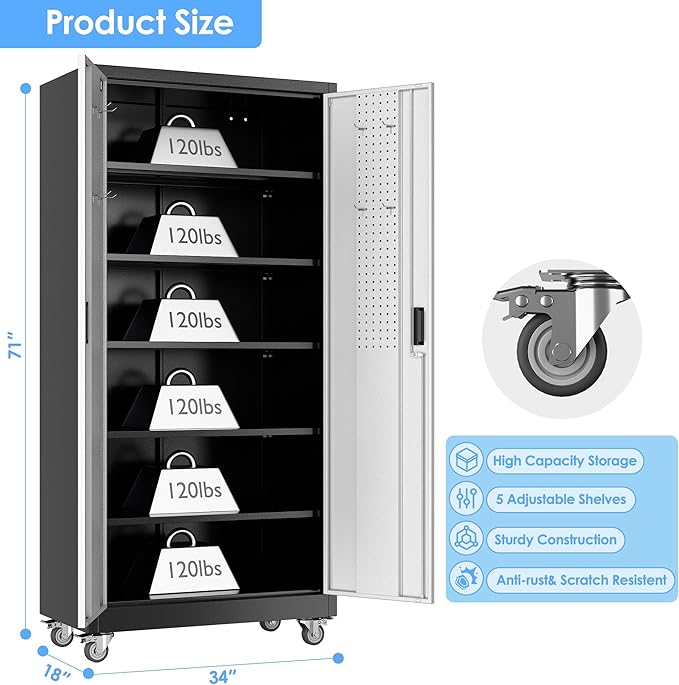 Garage Storage Cabinet with Wheels & Pegboard, Lockable Metal Storage Cabinet with Doors and 5 Adjustable Shelves for Garage, Home, Storage, Assembly Required, Black and Silvery, 71" H×34" W×18" D