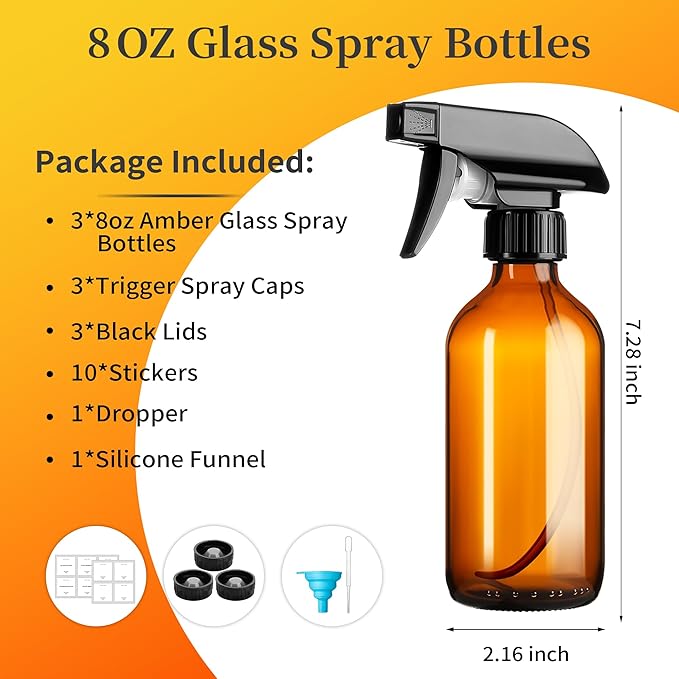 Vitreaux 8oz Amber Glass Spray Bottles,3 Pack Glass Spray Bottles Refillable Empty Bottle with Adjustable Nozzle,Spray Bottle for Essential Oils,Cleaning Solutions,Pets,Hair Mister,Gardening