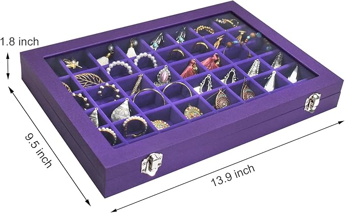 Jewelry Tray Organizer Box 48 Grid Jewelry Display Organizer Box with Transparent Lid Rings Earrings Necklaces Pendants Display Box Suitable for Women and Girls (48 Grid, Purple)