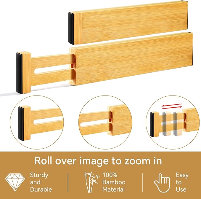 Secura Bamboo Drawer Dividers Organizer 4-Pack, Adjustable Drawer Separators Expandable from 12.0-17.1 inches for Kitchen, Office, Bathroom, Closet, Dresser