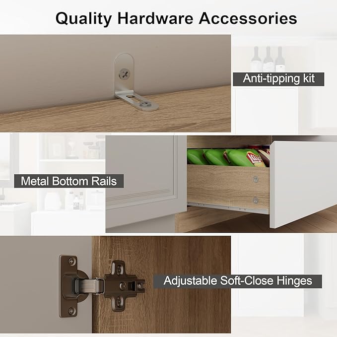 Extra Large Kitchen Pantry with Microwave Shelf, Kitchen Hutch Storage Cabinet with Countertop, Freestanding Countertop Cabinet with 3 Drawers and 3 Open Shelves, White + Walnut