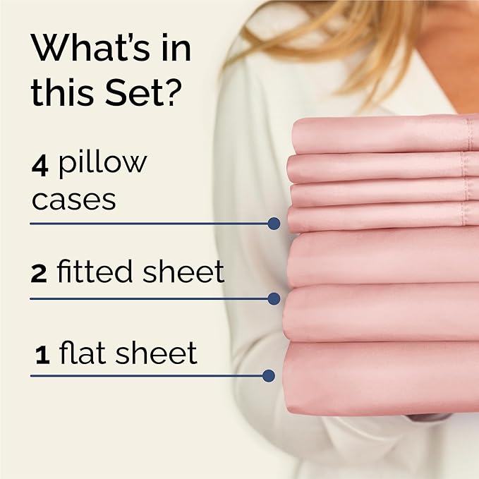 Split King 7 Piece Sheet Set - Comfy Breathable & Cooling - Soft Hotel Luxury Bedding Set with 8-16 Inch Deep Pockets - 1 Flat & 2 Fitted Sheet & 4 Pillowcases - Wrinkle Free & Easy Care - Baby Pink