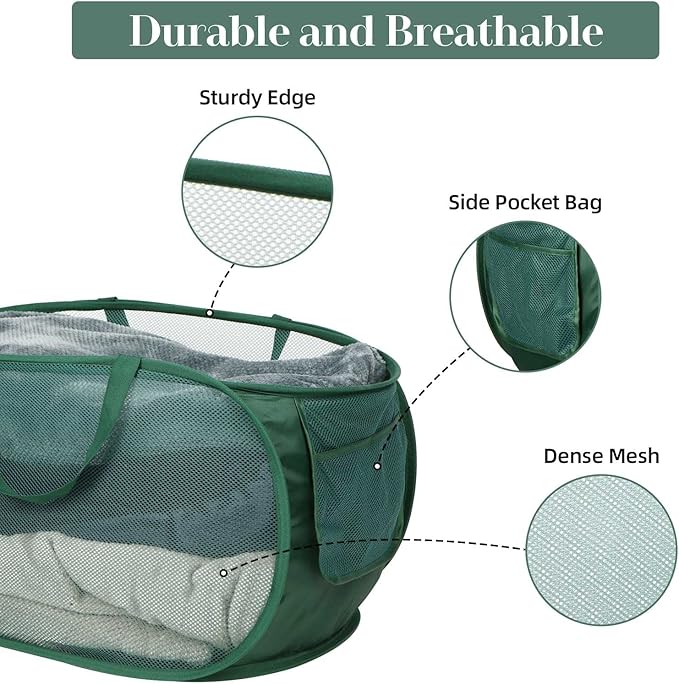 Sturdy Mesh Pop Up Laundry Hamper, Collapsible Laundry Baskets with Side Pocket, Foldable Clothes Hamper with Reinforced Carry Handles for Laundry, Bathroom, Kids Room, Dorm or Travel Emerald