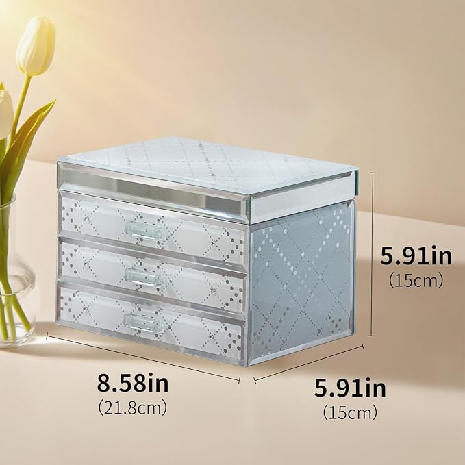 Glass Jewelry Box,Plaid & Sparkling Diamonds, 3-Tier Organizer for Women Girls,Jewelry Gift Decorative Boxes, Art Painting Tabletop Ornament Organizer For Earring Necklace Christmas Gifts