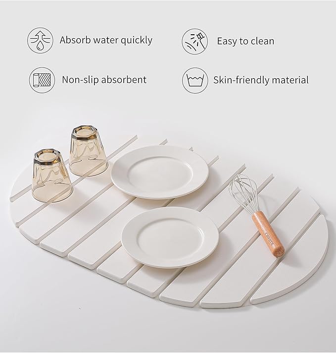 Large Stone Dish Drying Mat for Kitchen Counter,Absorbent Diatomaceous Earth Bath Mat Instant Drying Pad Foldable and Super Absorbent Mat for Dishes Cups Bottles (Oval 23*15.3in)
