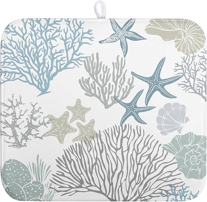 Wnoesat Summer Dish Drying Mat 16×18 Inch Coastal Nautical Kitchen Drying Mats Blue Gray Ocean Microfiber Dish Pad Heat Resistant Absorbent Dish Rack Mat for Home Kitchen Counter Decor