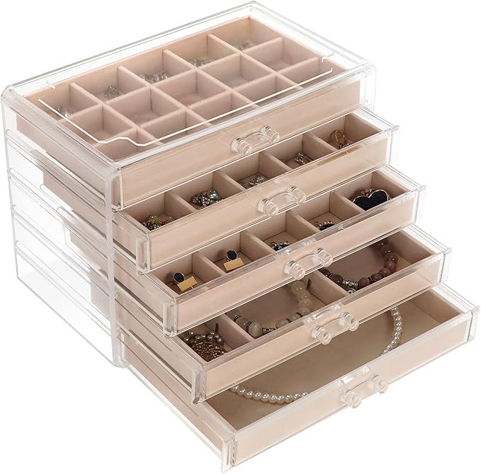 Jewelry Box Organizer，Acrylic Storage Organizer with 5 Drawers Adjustable Velvet Trays grid size Jewelry Storage Box Clear Jewelry Organizer Gift for Women Girls (5 layer)