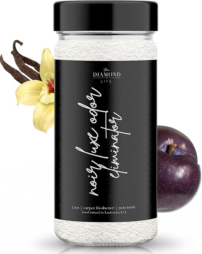 The Diamond Life Home “NOIR LUXE” Carpet Deodorizer Powder – Natural Odor Eliminator for Carpet, Upholstery, Pet Urine, Dog Beds & Cat Litter Boxes – Pet-Friendly – Black Plum, Sea Salt & Ozone