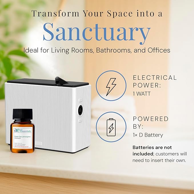 AE101Bat Waterless Scent Diffuser with Green Tea & Lemongrass Oil, Scent Machine Set for Small Spaces, Battery Operated, Motion Sensor, 100 Sq. Ft. Coverage