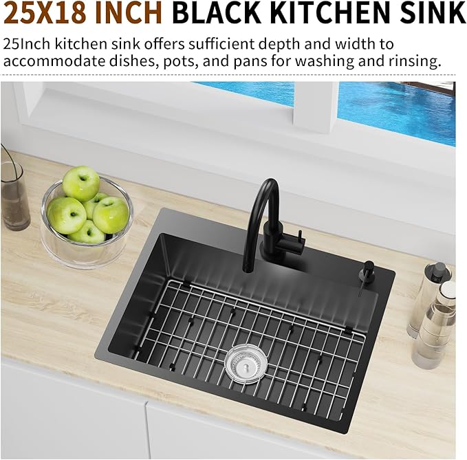 Black Kitchen Sink,25x18 Inch Kitchen Sink Stainless Steel Drop In Kitchen Sink Topmount Stylish and Modern Look Sink With Bottom Grid,Drain Basket And Drain Assembly Add Elegance & Enhance Usability