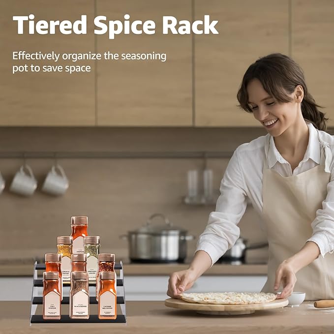 nianfeng Tiered Spice Rack, 4-Tier Spice Pantry Kitchen Cabinet Organizer, 12-Inch, Natural Wood Acrylic Stair Riser Stand, Countertop Seasoning Shelf (Black)