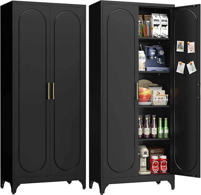 75" Tall Pantry Storage Cabinet, Tall Kitchen Pantry Storage Cabinet with Doors and 4 Adjustable Shelves, Freestanding Cupboard for Kitchen, Dining Room, Living Room, Bathroom, Black