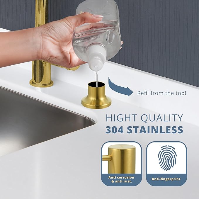 SBEN Built-in Kitchen Sink Soap or Lotion Dispenser Set, Stainless Steel, Gold Brushed Pump, 17 oz PET Bottle, Durable ABS Head, 360° Rotation (Gold Brushed)