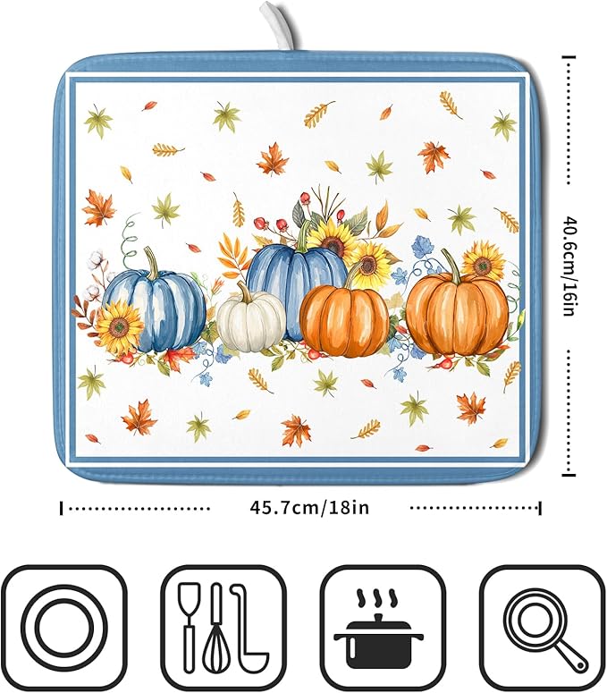 Fall Pumpkin Dish Drying Mat for Kitchen Counter 16×18 Inch Blue Dishes Pad Washable Thanksgiving Dish Rack Pad Drainer Mat Autumn Absorbent Reversible Microfiber Dish Drying Pad for Coffee Bar