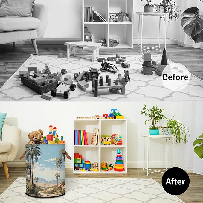 62L Coconut Tree Laundry Basket for Clothes Books Toys Adult Kids Rotundity Laundry Hampers Bin for Bathroom Kitchen Hotel