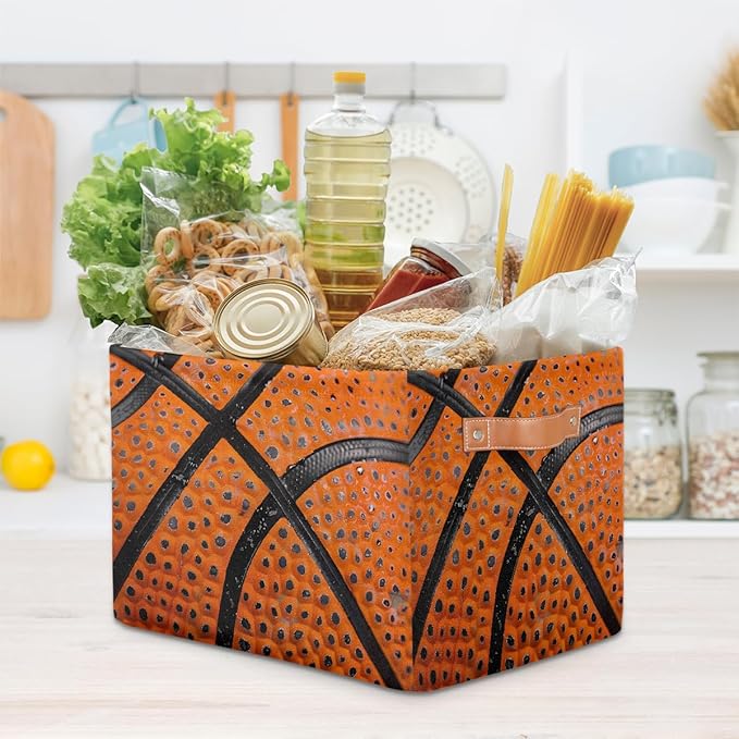 Basketball Storage Basket for Shelves, Storage Bins with Handles, Collapsible Basket for Organizing, Closet Toy Baskets for Nursery Room, 15x11x9.5 in, Canvas, Sports Bsketball Lace
