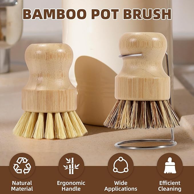 SAMEBUTECO 6-Piece Bamboo Dish Brush Set with Fast-Dry Stainless Steel Holder,3xNatural Sisal Bristle Brush & 1xPalm Bristle Kitchen Cleaning Brushes for Dishes, Pots, Pans & Sink