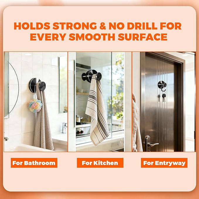 2026 Heavy Duty Black Suction Cup Hooks for Shower - 2 Pack, No Drill & No Damage Waterproof Hooks for Glass Door/Tile, Strong Hold for Towels, Robes