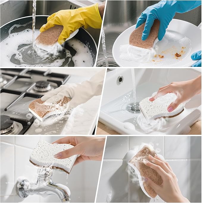 JiedHiur 12Pack Natural Kitchen Sponge, Biodegradable Cellulose and Coconut Scrubber, Eco Friendly Sponges for Dishes