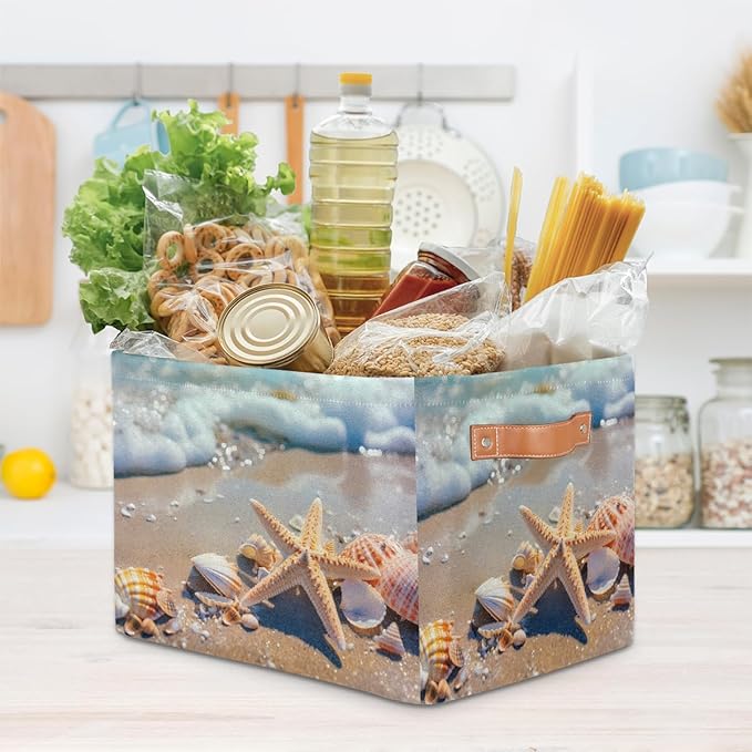 Ocean Starfish Seashell Storage Basket for Shelves, Storage Bins with Handles, Collapsible Basket for Organizing, Closet Toy Baskets for Nursery Room, 15x11x9.5 in, Canvas, Sea Beach