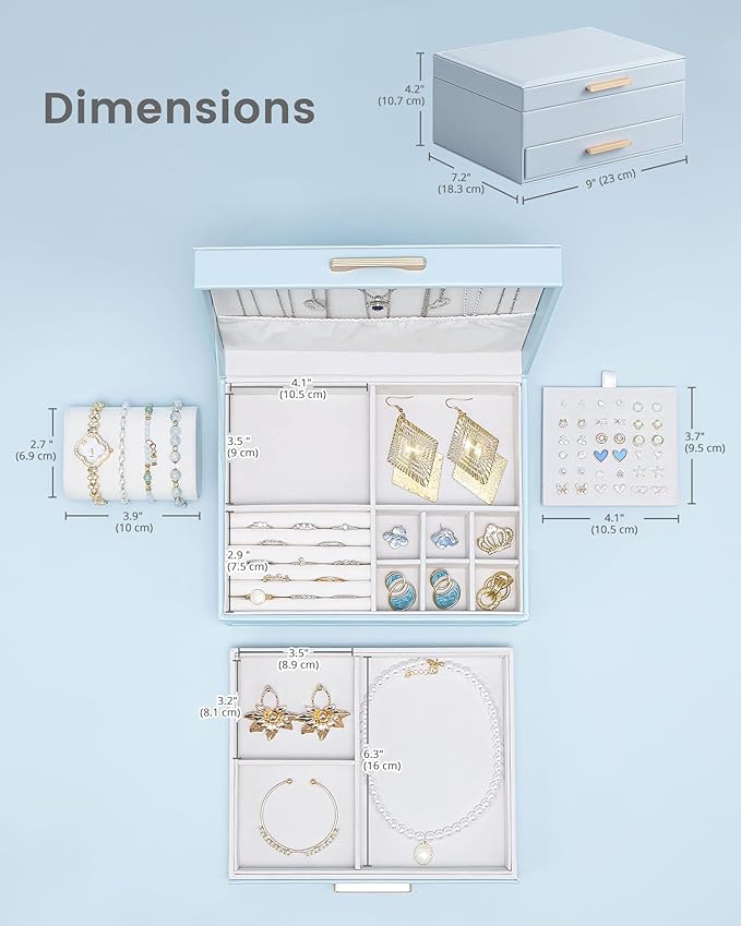 Lolalet 2-Layer Jewelry Boxes Organizer for Women Girls, Jewelry Storage Case Holder with Drawers for Necklaces Rings Earrings Bracelets Watches, Gifts Choice for Girlfriend Wife -Blue